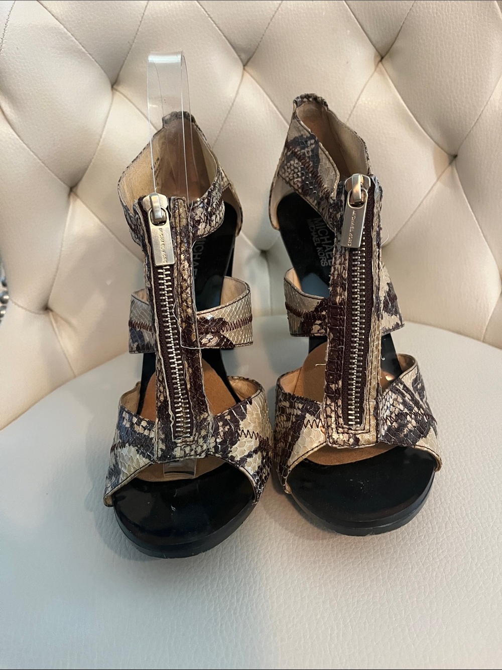 Michael Kors Beige and Black Snake Print Zippered High Heel Sandals - Picture 3 of 10